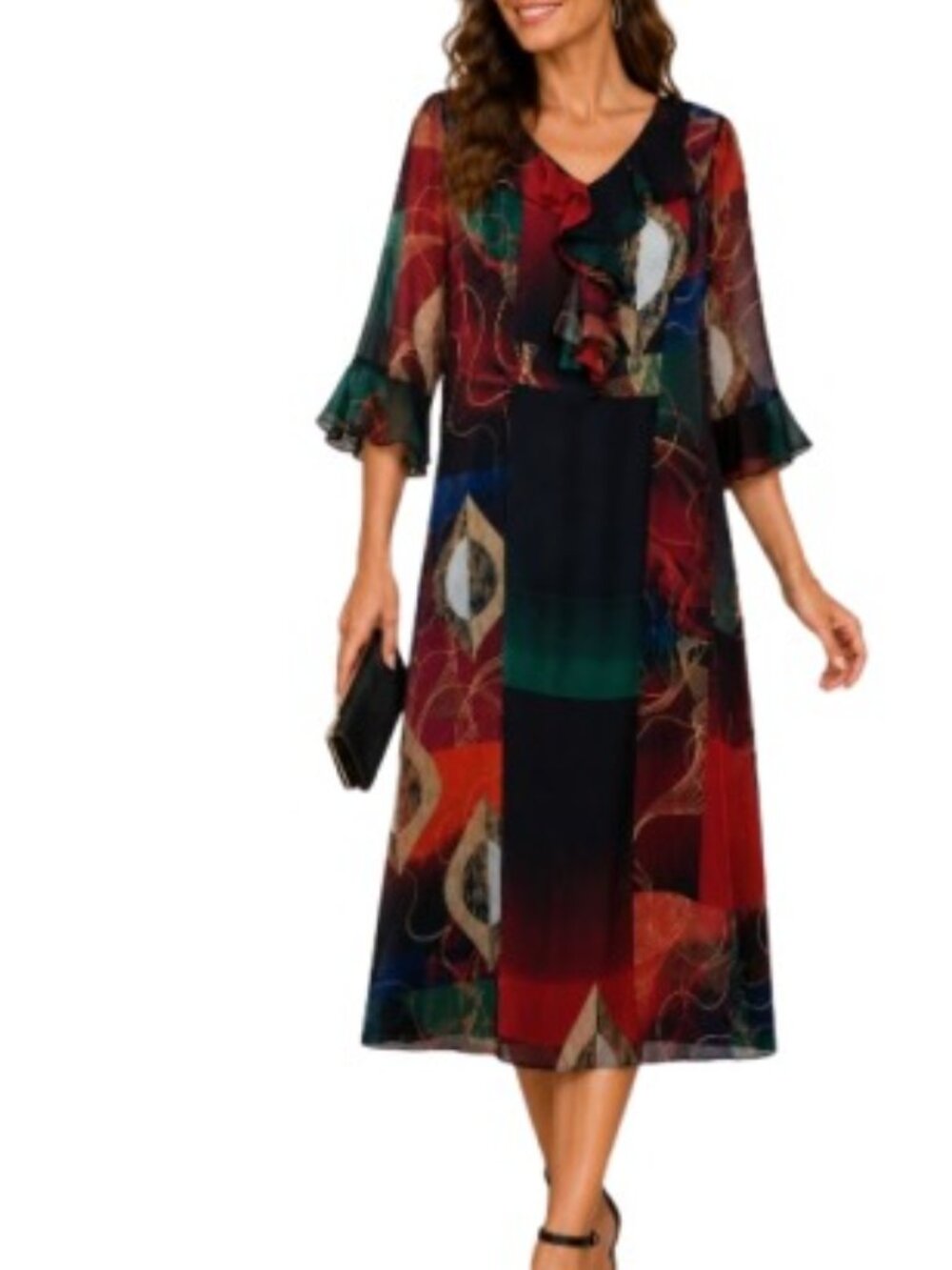 Unbranded Womens Ruffle Neck A Line Midi Dress Multicolor Abstract Geometric XS